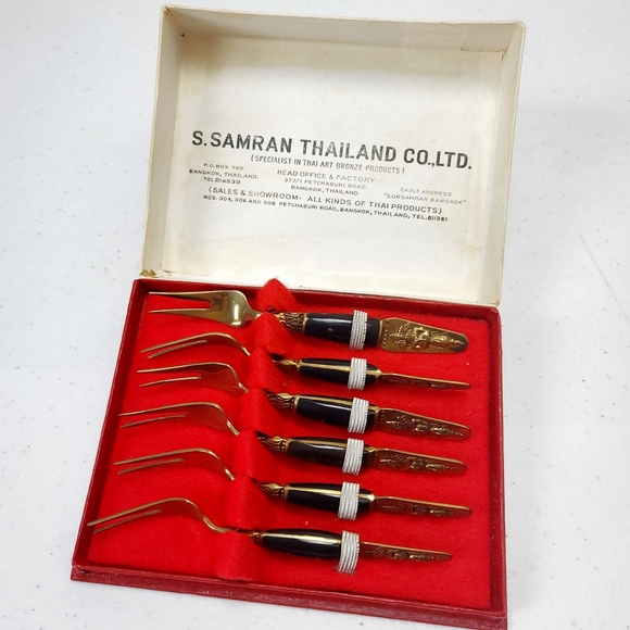 Vintage S Samran Thailand Co Thai Bronze D'oeuvres 6 Piece Fork Set - Picture 1 of 5